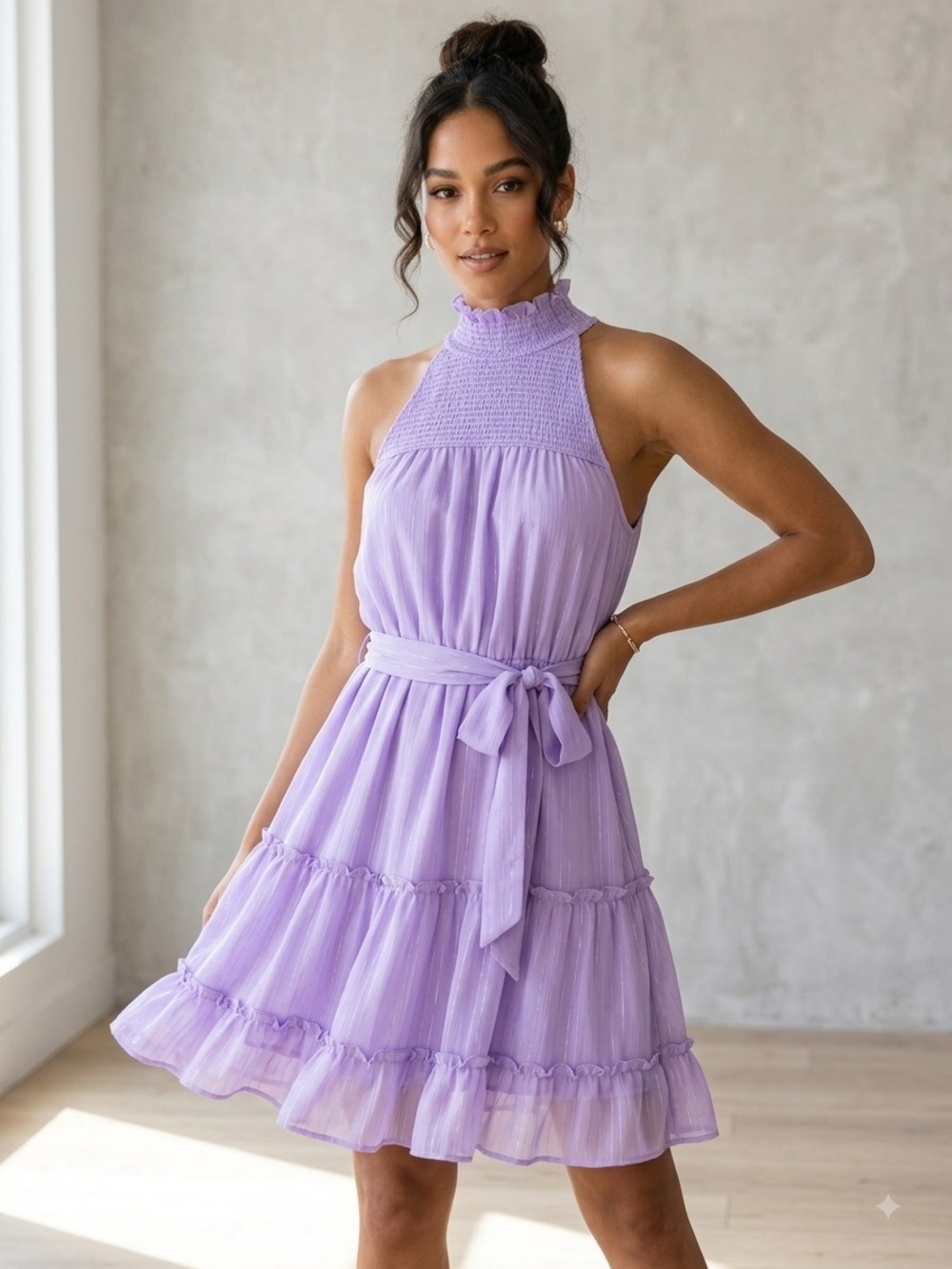 Francesca's Lavender Halter Smocked Waist-Tie Tiered Mini Dress